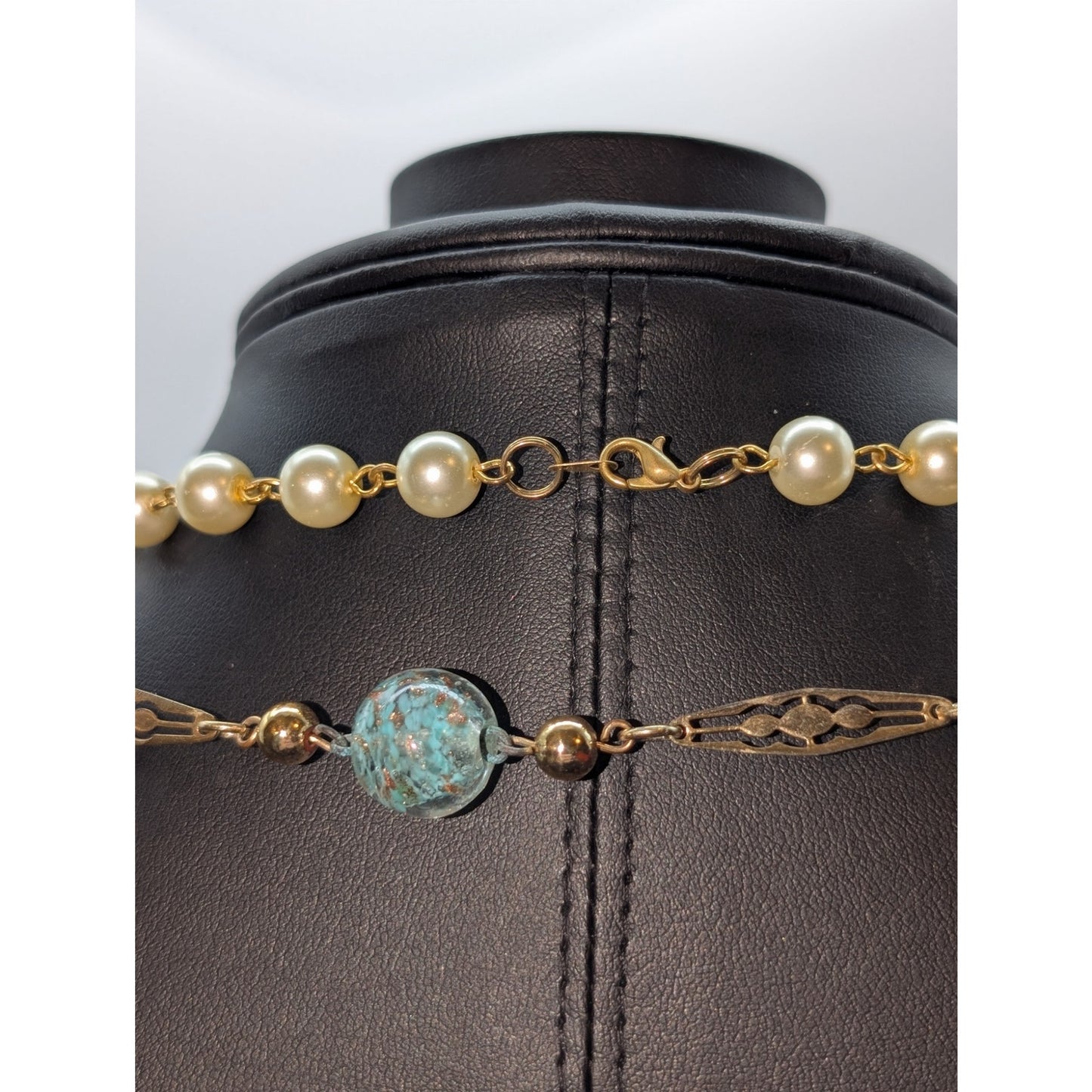 Vintage Blue Gold Glitter Glass Lampwork Pearl Gold Tone Chain Necklace Lot