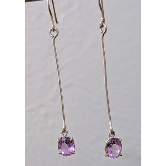 Vintage 925 Sterling Silver Long Bar Drop/Dangle Amethyst Gemstone Earrings