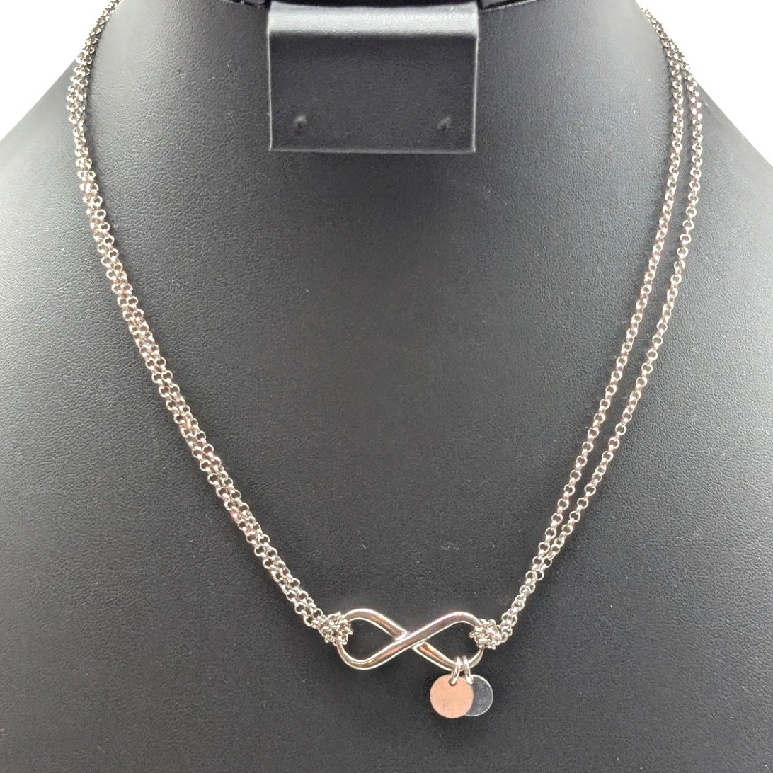 925 Sterling Silver Double Strand Chain Infinity Two Disk Dangle 18" Necklace