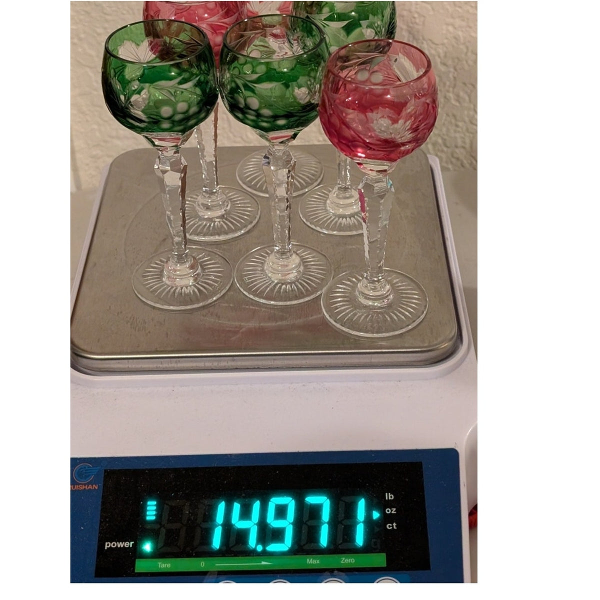 Vtg Czech Bohemian 3 Cranberry & 3 Green Cut to Clear Crystal Cordials Set of 6