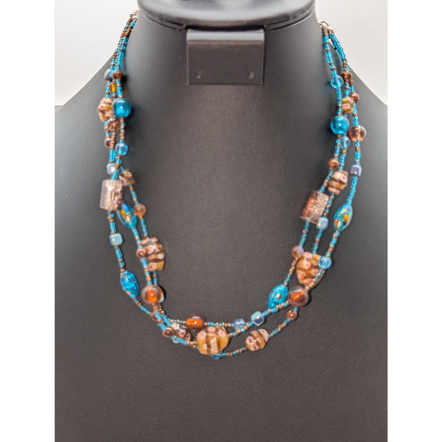 Millefiori Glass Lampwork Aqua Brown Bead Multi-Strand 17"-21" Necklace