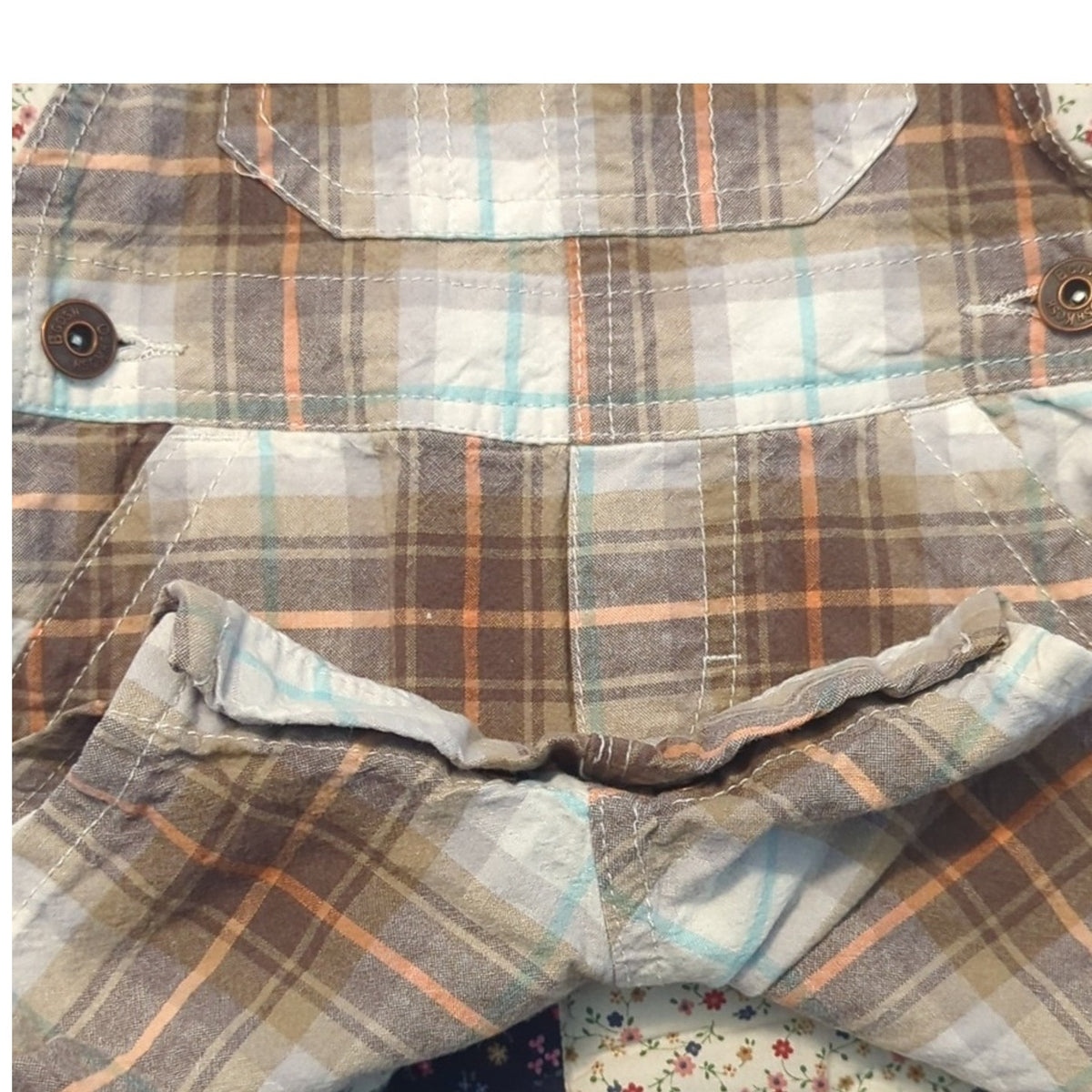 OshKosh B'Gosh Brown Plaid Bib Overall Vestbak Cotton Short Baby Size 12 Months