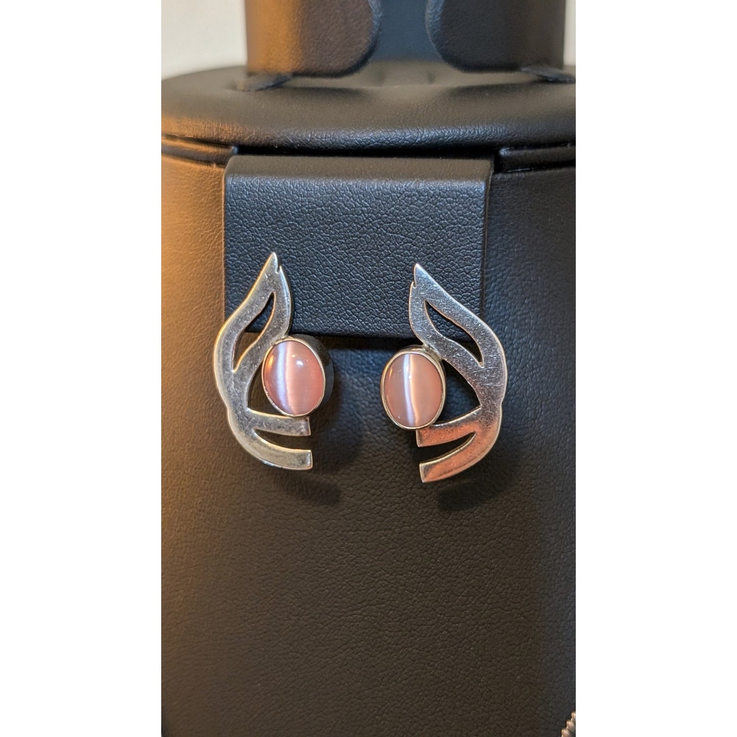 VTG Pink Cat Eye Moonstone 925 Sterling 18" Necklace & Pierced Earring Set