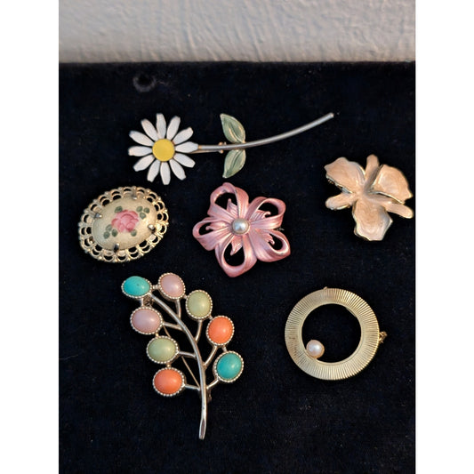 Lot of Six Vintage Flower Pink Theme Collage of Brooches