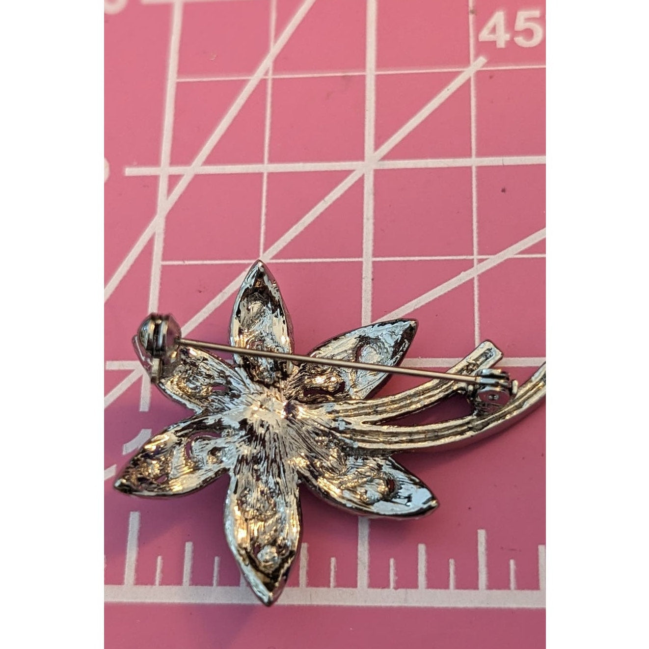 Pink AB Crystal Silver Tone Filigree Floral Brooch