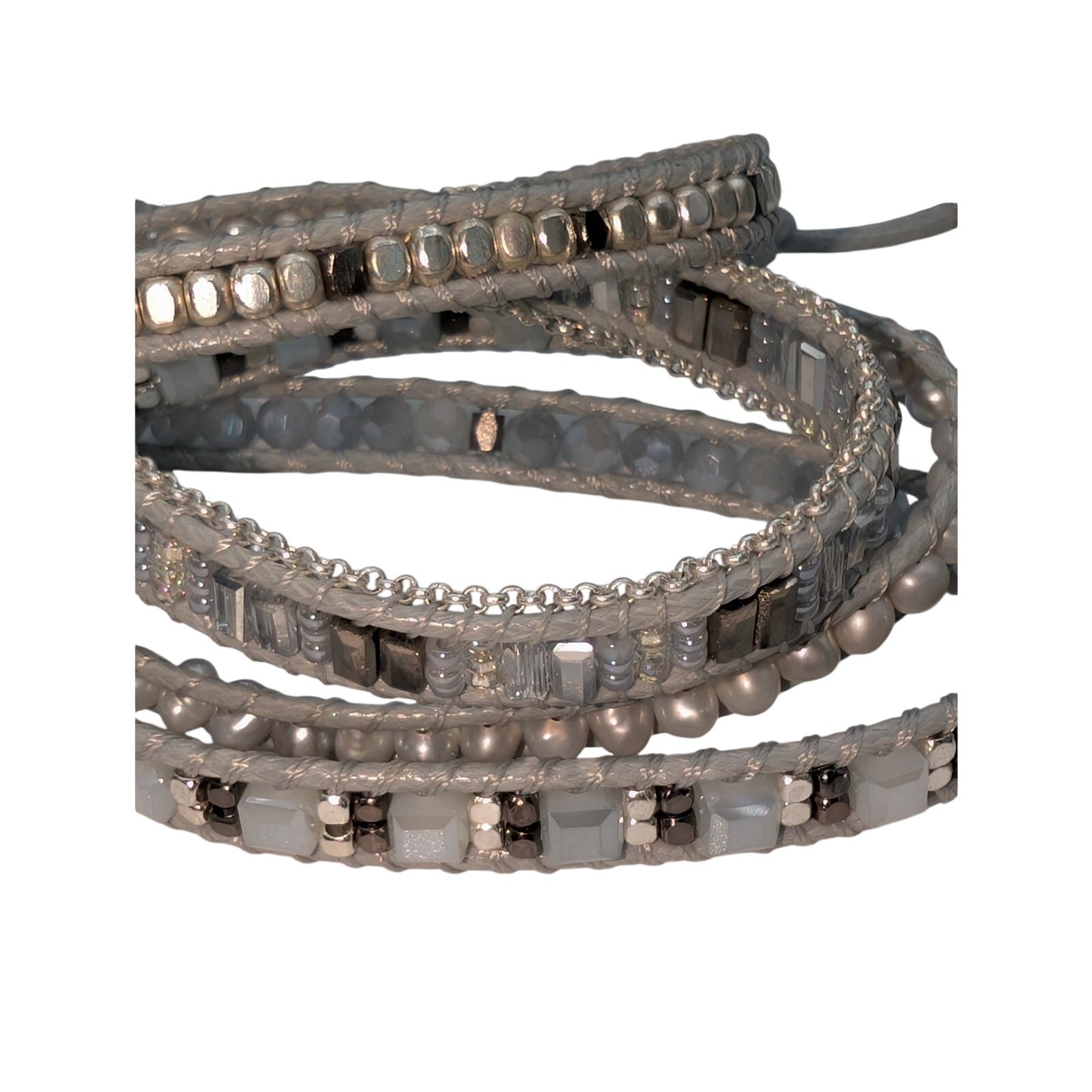 Shades of Gray Pale Blue Crystal Genuine Pearl Bead Wrap Bracelet