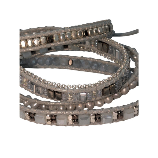 Shades of Gray Pale Blue Crystal Genuine Pearl Bead Wrap Bracelet