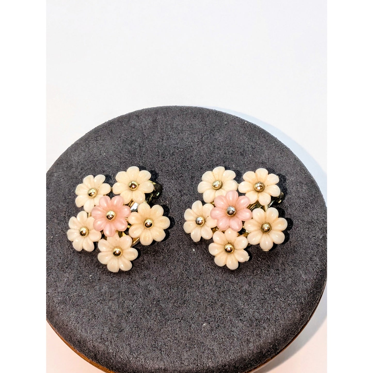 1950s Cream Pale Pink Gold Bead Pop Off Floral Clip Earrings