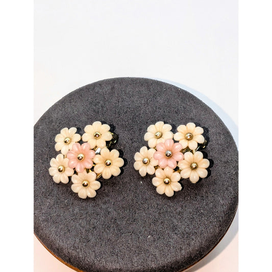 1950s Cream Pale Pink Gold Bead Pop Off Floral Clip Earrings