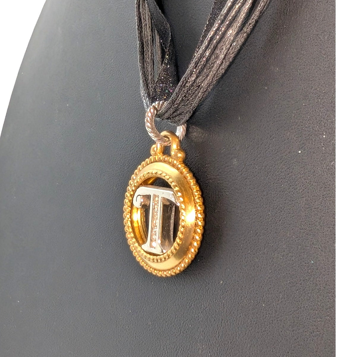 Brighton Silver & Gold Tone 'T' Monogram Pendant Ribbon Cord 18.5"-20" Necklace