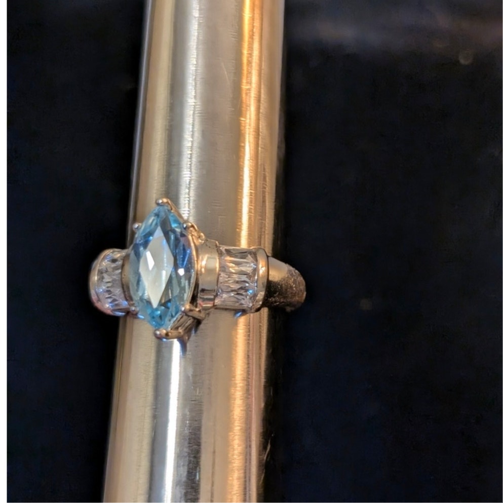925 Sterling Silver Marquis Blue Topaz & Baguette CZs Ring Sz 6.75