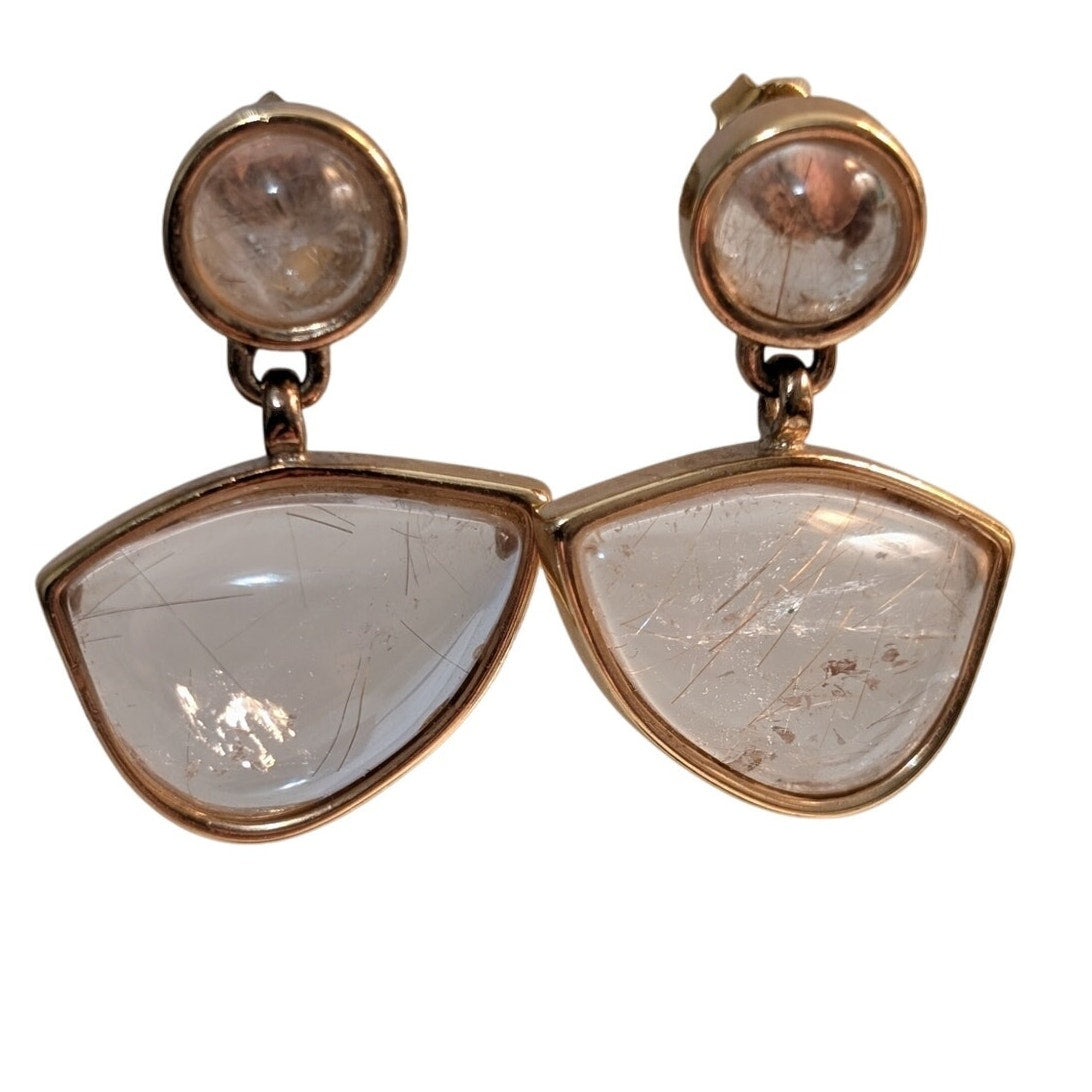 Gold-Plated Rutilated Quartz Geometric Dangle Post Earrings
