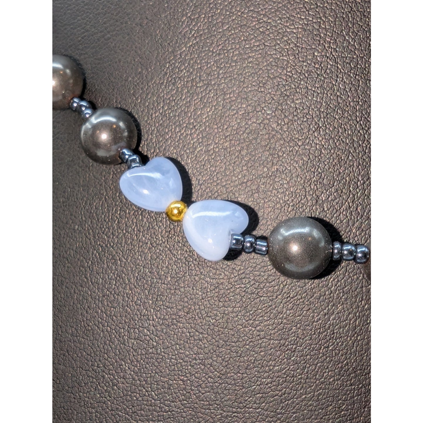 Vintage Gray Glass & Light Blue Heart Bead 18" Barrel Clasp Necklace