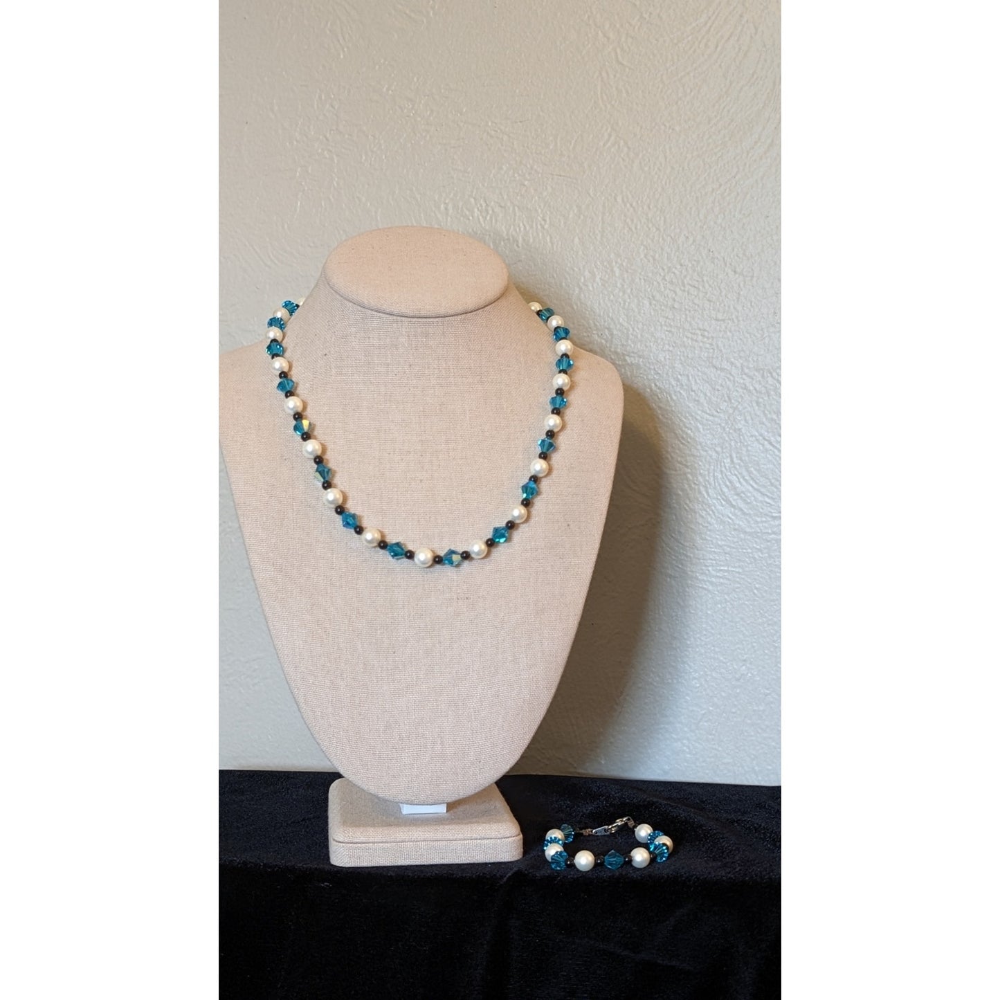Blue Crystal Bicone, Black Glass & Pearl Bead Necklace & Bracelet Set