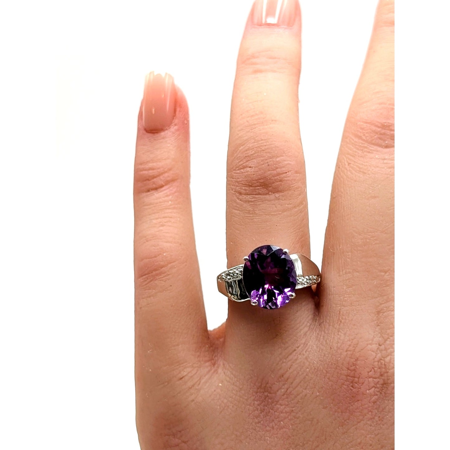 925 Sterling Silver Large Oval Amethyst & Diamond Ring Size 7