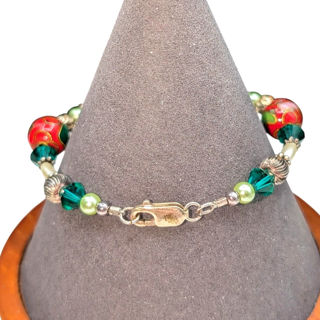 925 Sterling Silver Red Cloisonne Green Crystal Sterling Bead Bracelet