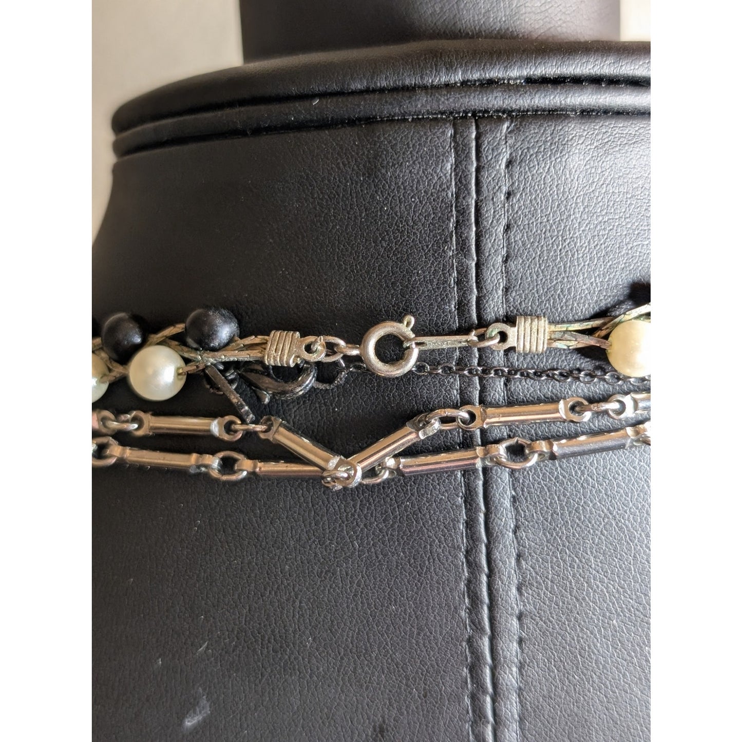 Lot of Three Layered Black White Silver Gunmetal Crystal Pearl Necklaces