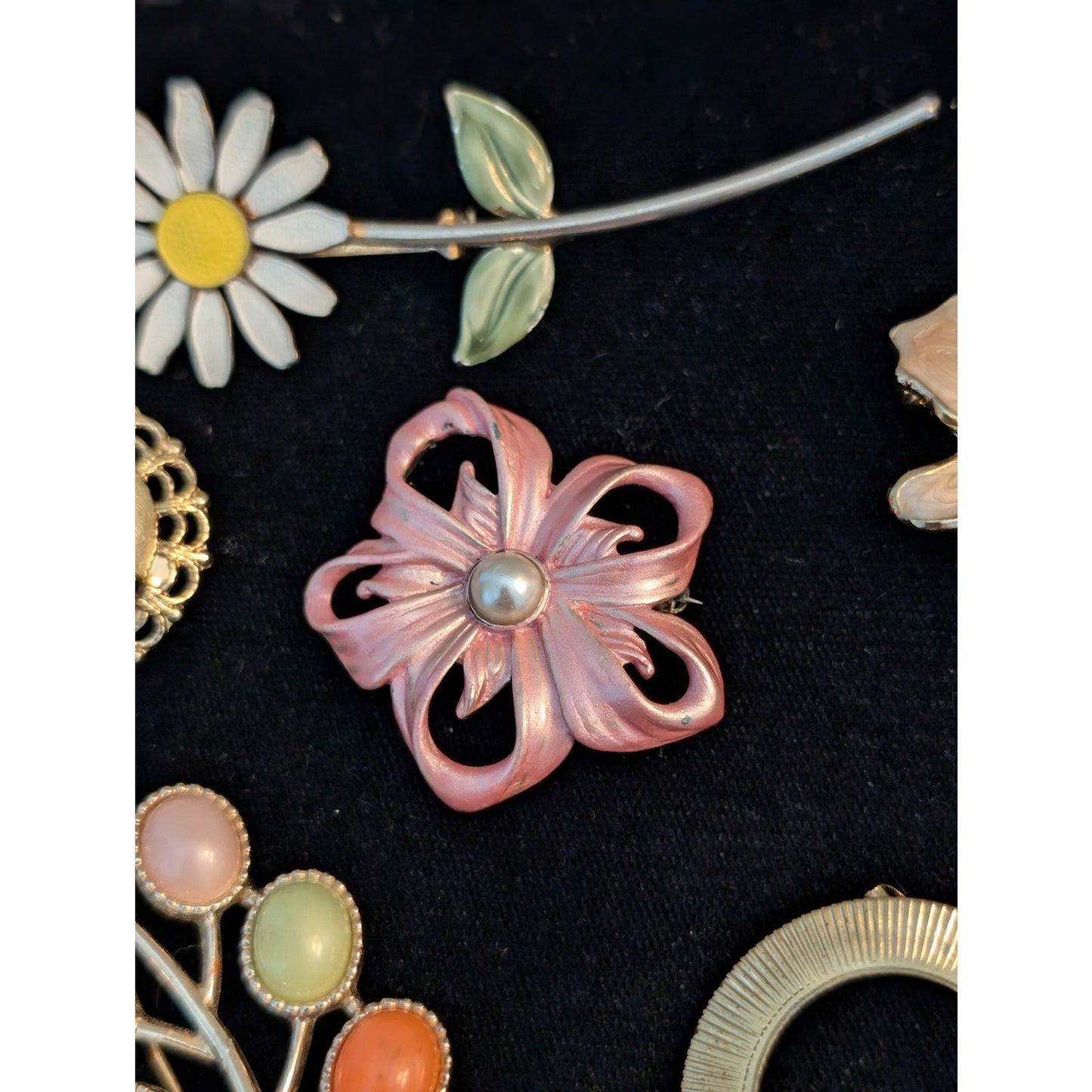 Lot of Six Vintage Flower Pink Theme Collage of Brooches