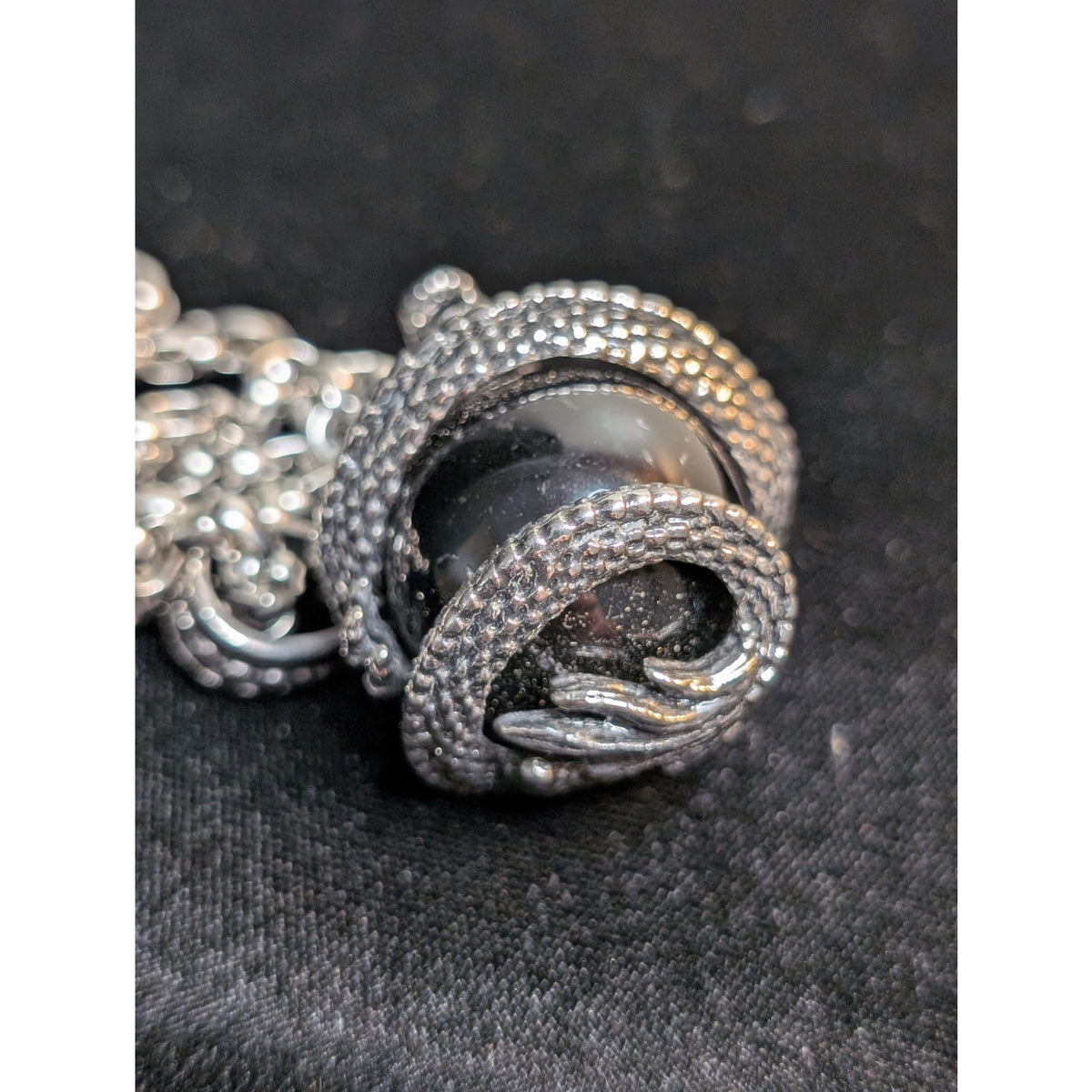 Dragon Obsidian Pendant On Heavy Silver Tone Rolo Link Chain 22" Necklace