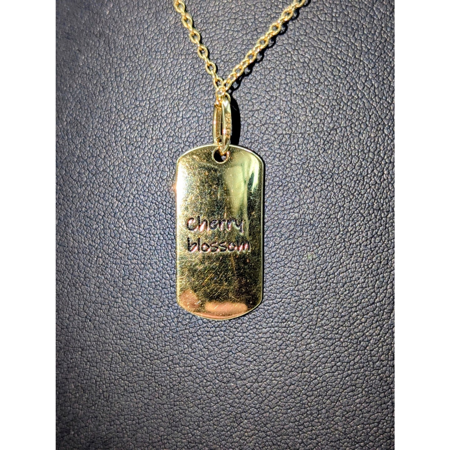 925 Sterling Vermeil Cherry Blossom CZ Flower Dog Tag Pendant 16"-18" Necklace