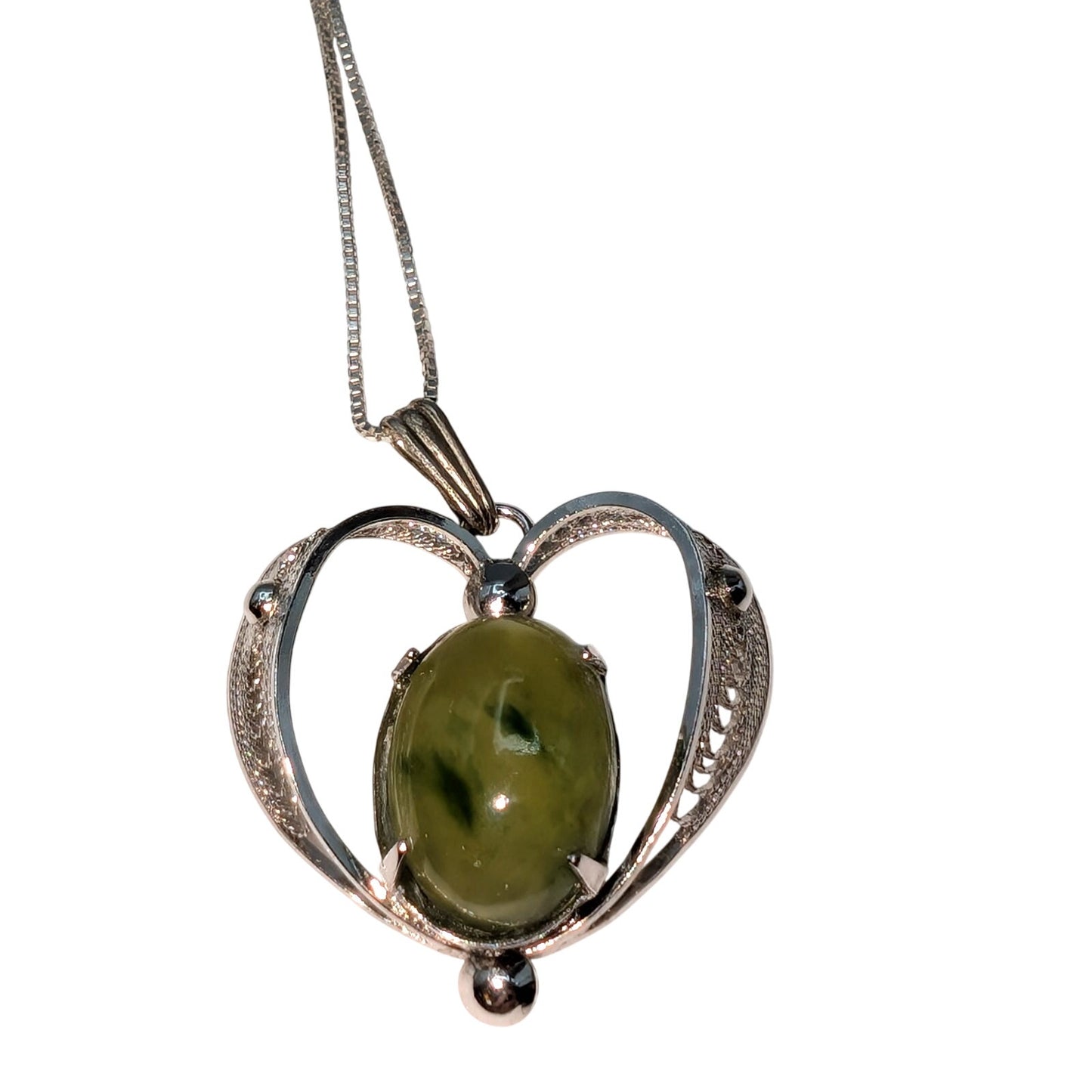 Vintage Sorrento Sterling Green Glass Cabochon Filigree Heart Pendant Necklace