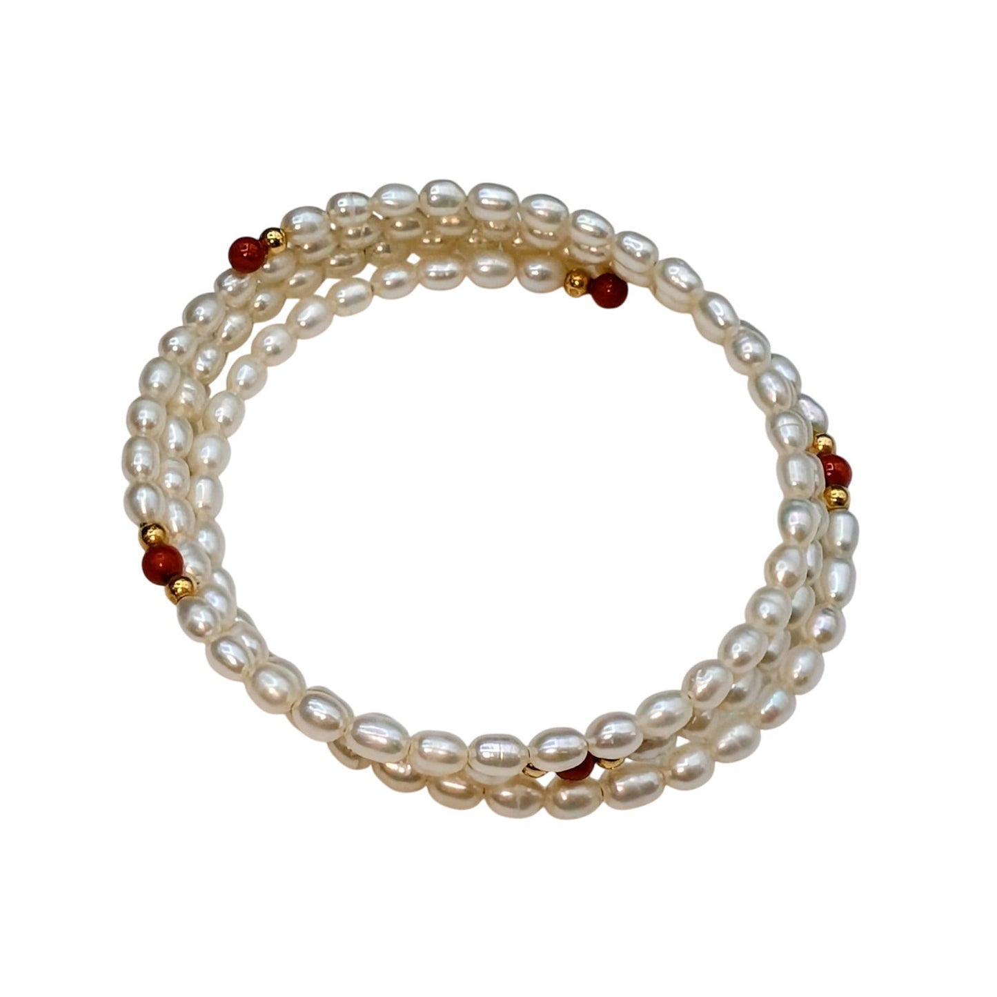 14K Gold Accent Carnelian Bead Cultured Freshwater Pearl Coiled Wire Bracelet