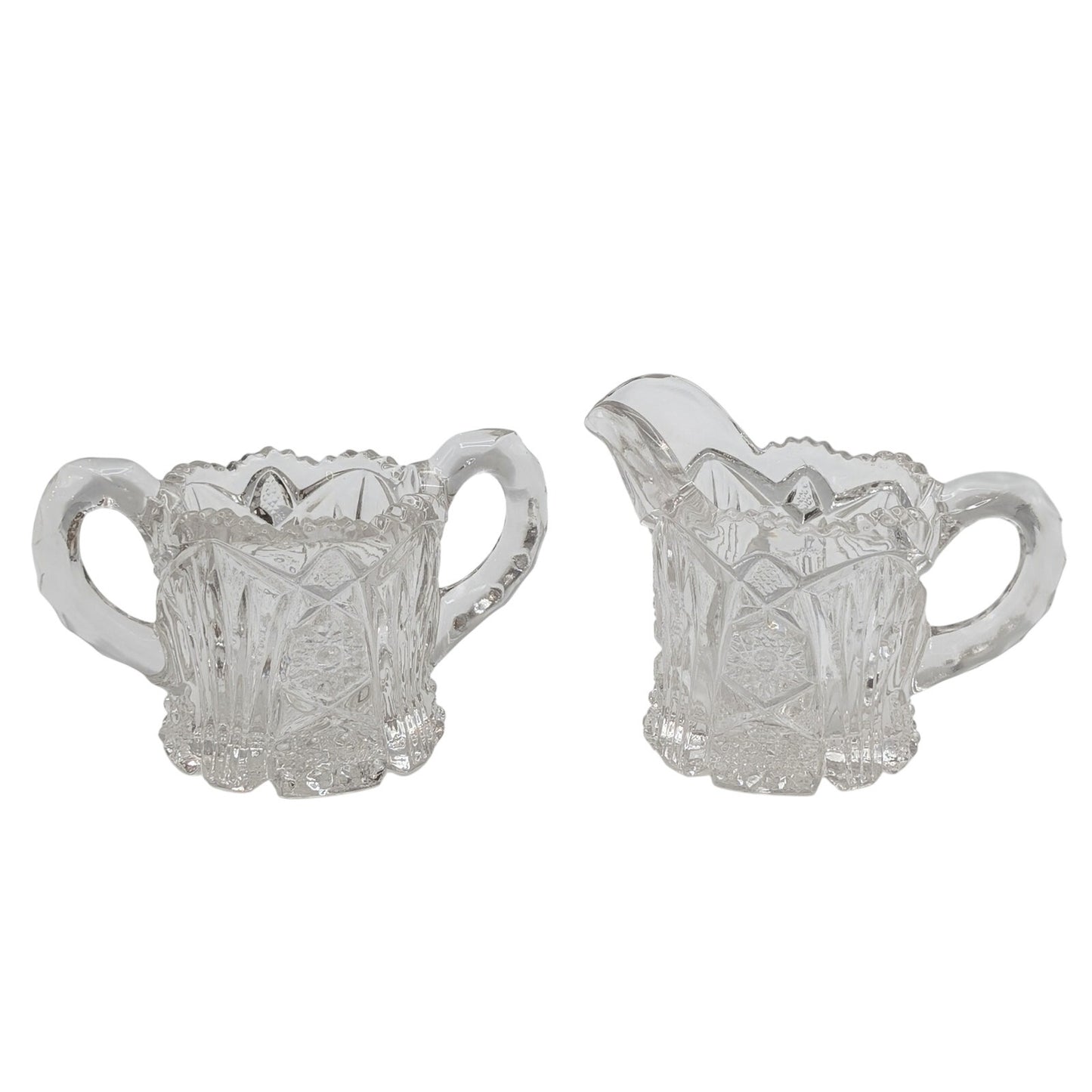 Vtg EAPG Imperial Glass Nucut Hobstar Button Clear Creamer Pitcher & Sugar Set