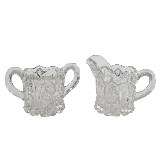 Vtg EAPG Imperial Glass Nucut Hobstar Button Clear Creamer Pitcher & Sugar Set