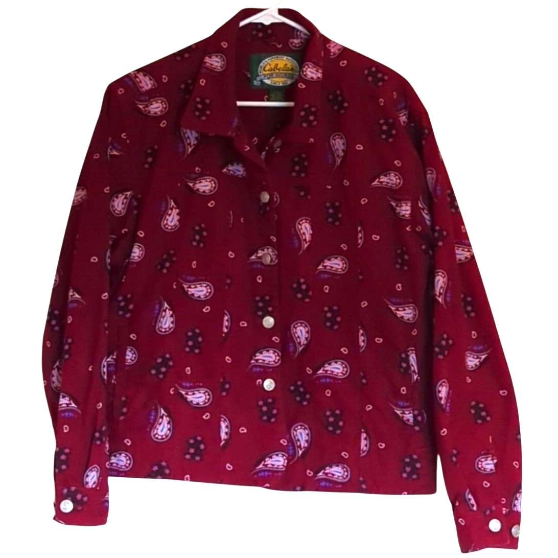 Cabela's for Women Ruby Red Floral Paisley Silver Button Jean Jacket Women's L