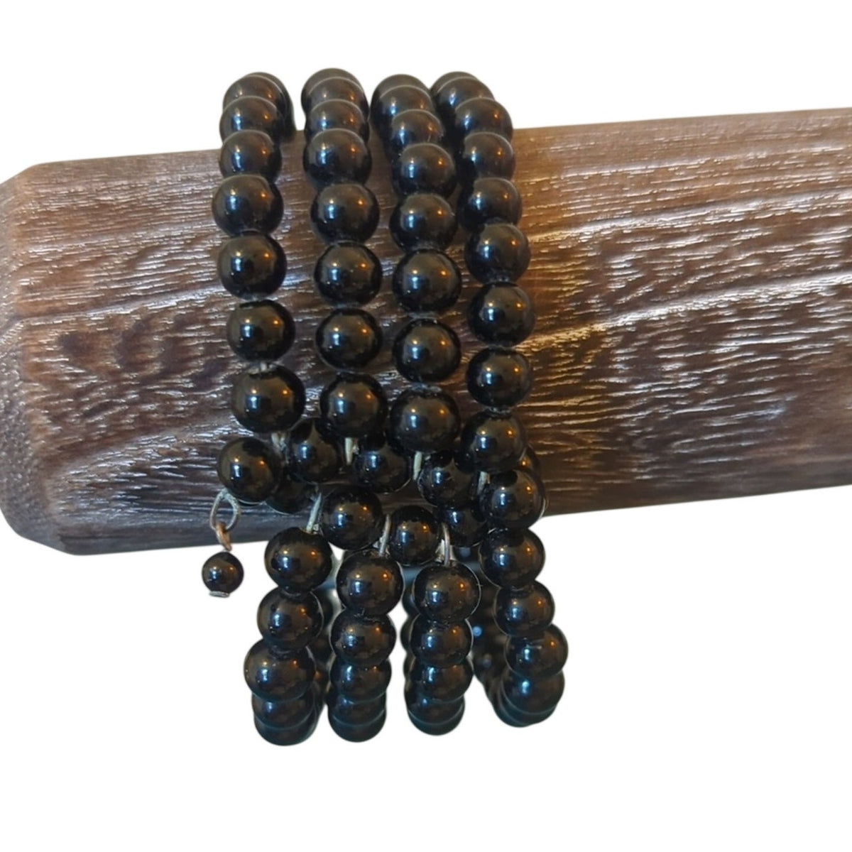 Vintage Four Strand Jet Black Glass Bead Coil Memory Wrap Mourning Bracelet