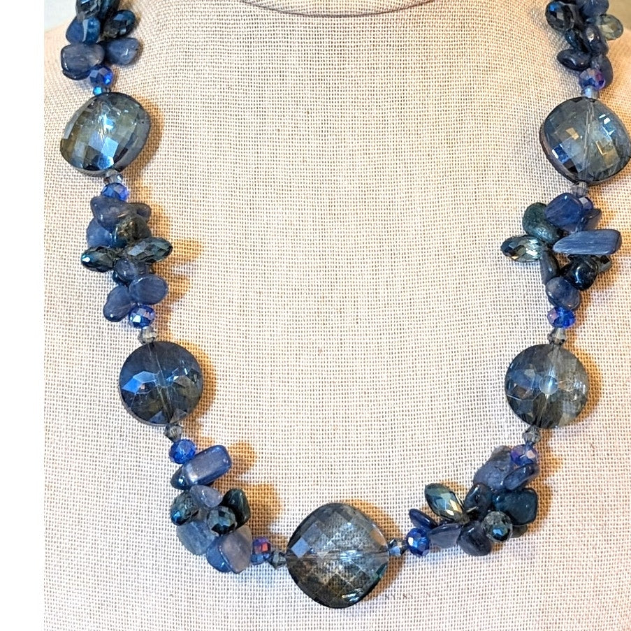 Smoky Blue Faceted Crystal and Blue Stone Necklace on Sterling Chain