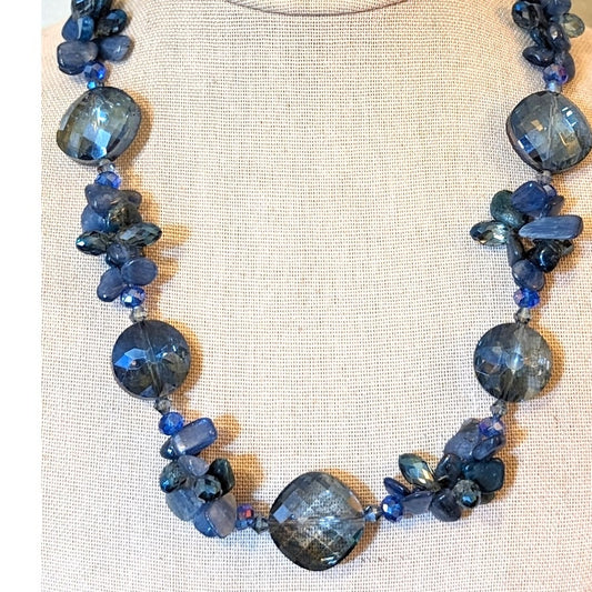 Smoky Blue Faceted Crystal and Blue Stone Necklace on Sterling Chain