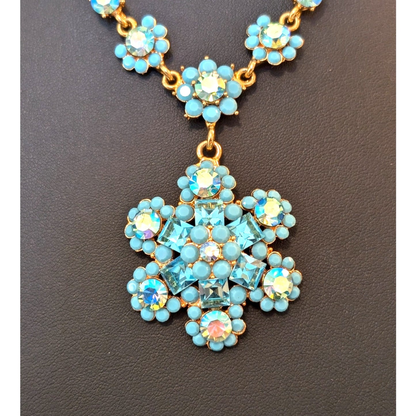 Authentic Cara Blue AB Crystal Gold Tone Pendant 16" - 20.5" Necklace
