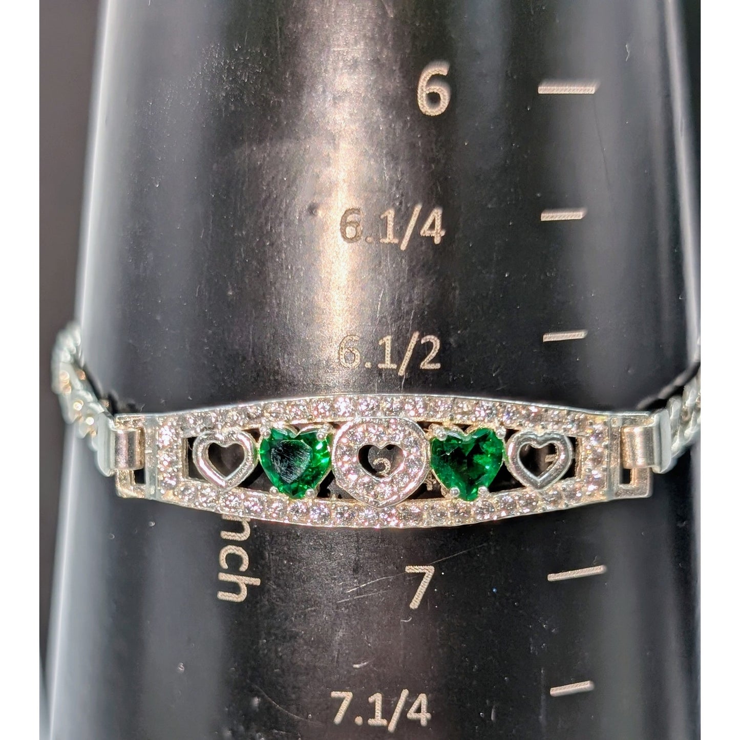 Green Glass Heart Rhinestone 925 Sterling Silver Figaro Chain Bracelet