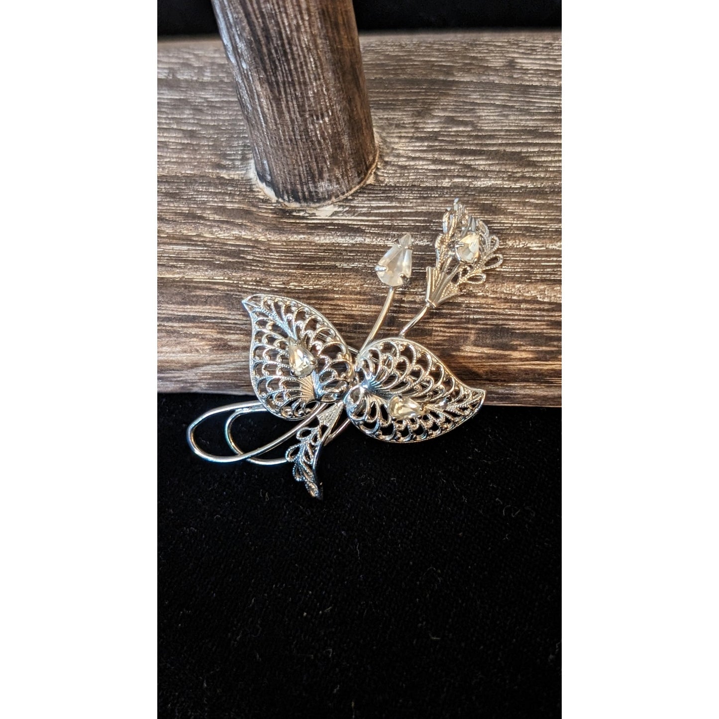 Signed Vintage Titan Sterling Filigree Rhinestone Floral Brooch