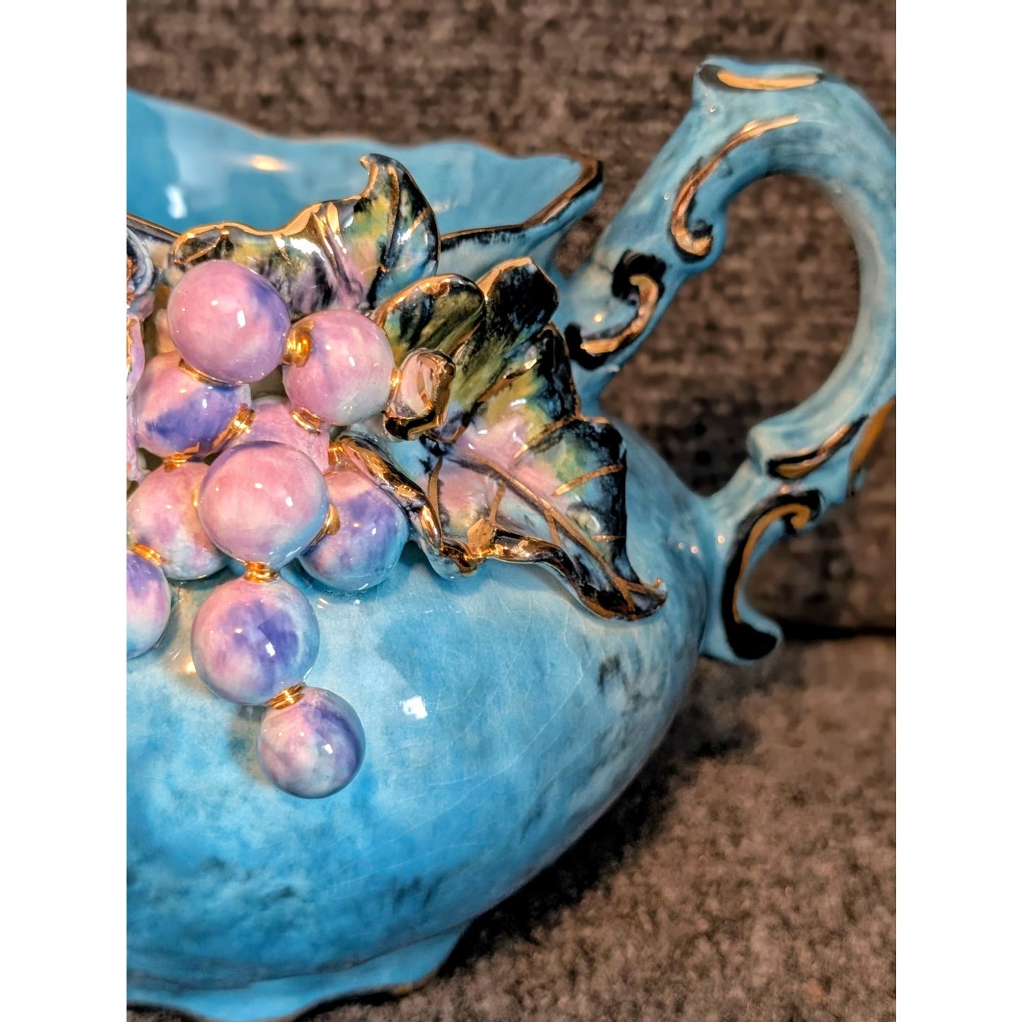 Vintage/Antique Blue Painted Gilt Edge 3D Grape Design Pitcher