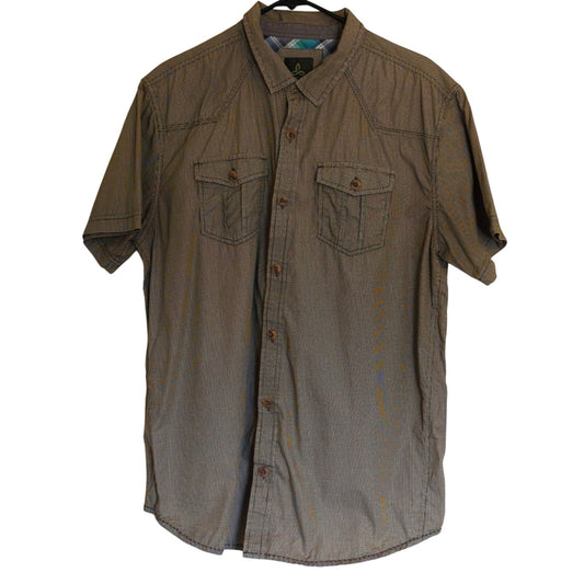 Prana Brown Check Organic Cotton Short Sleeve Button Down Shirt Men's Size XL