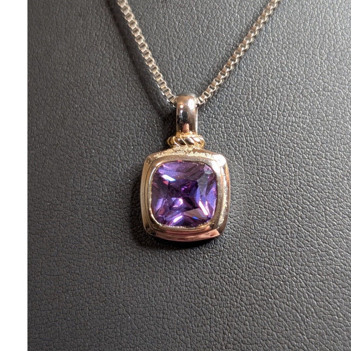 925 Sterling Purple Glass Stone Two Tone Pendant Box Chain 20" Necklace