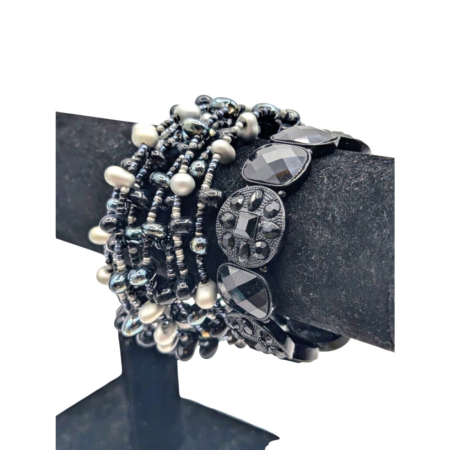 Lot of Two Black Gray Faux Pearl Crystal Wire Wrap & Stretch Bracelets