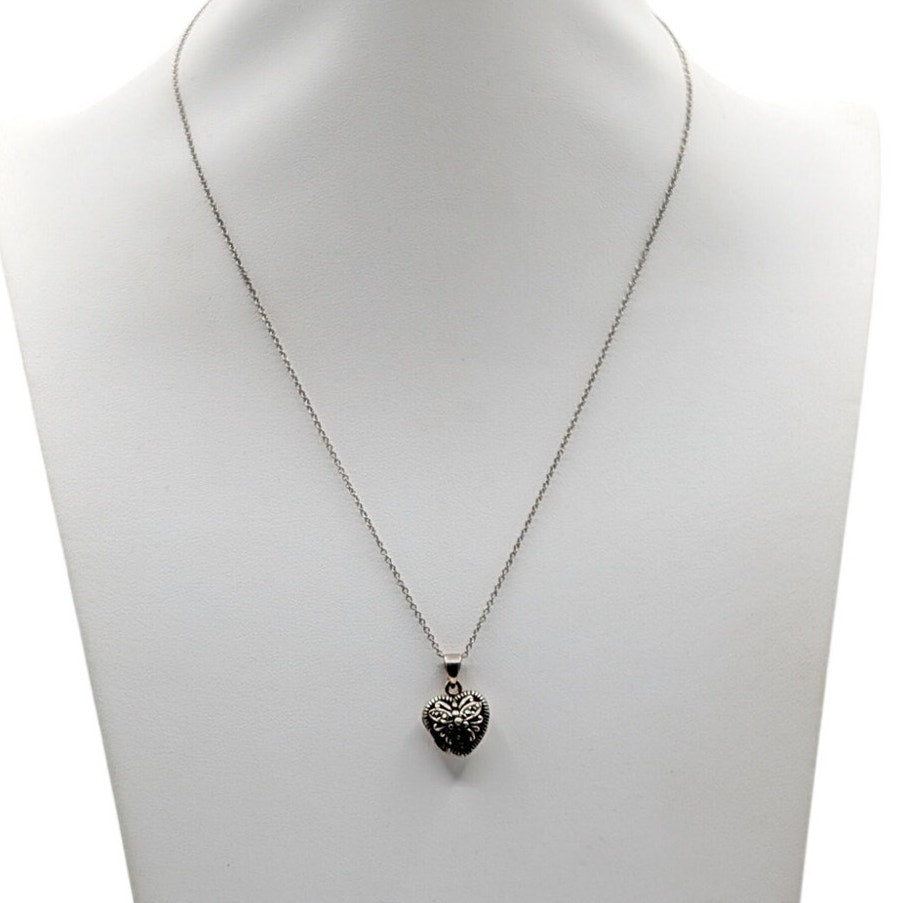 Vtg Silver Tone Cut Out Marcasite Butterfly Heart Locket Pendant Chain Necklace