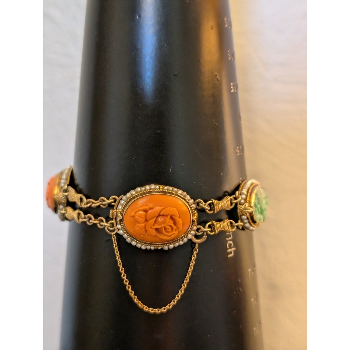 Antique Carved Green Jade Coral & Seed Pearl 14k Yellow Gold Bracelet
