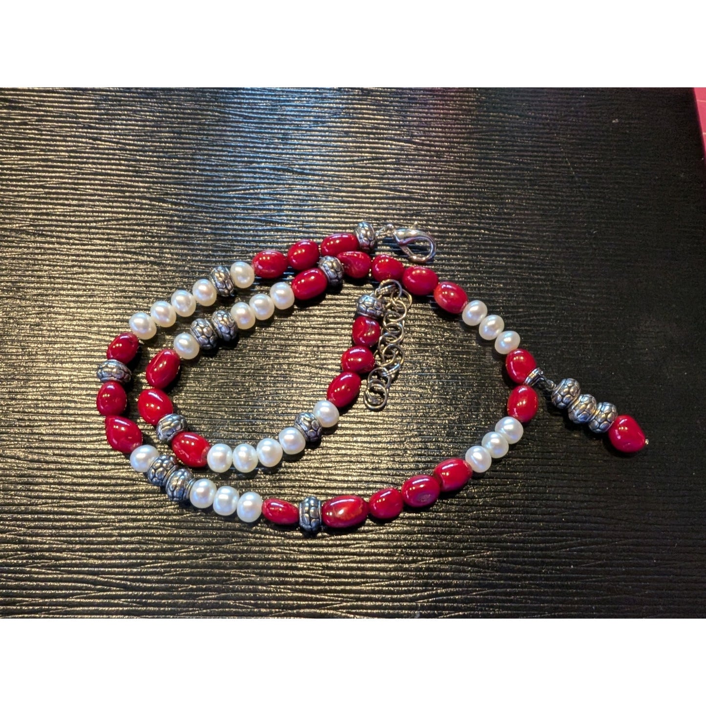 Red Coral Freshwater Pearl Silver Tone Beaded Necklace
