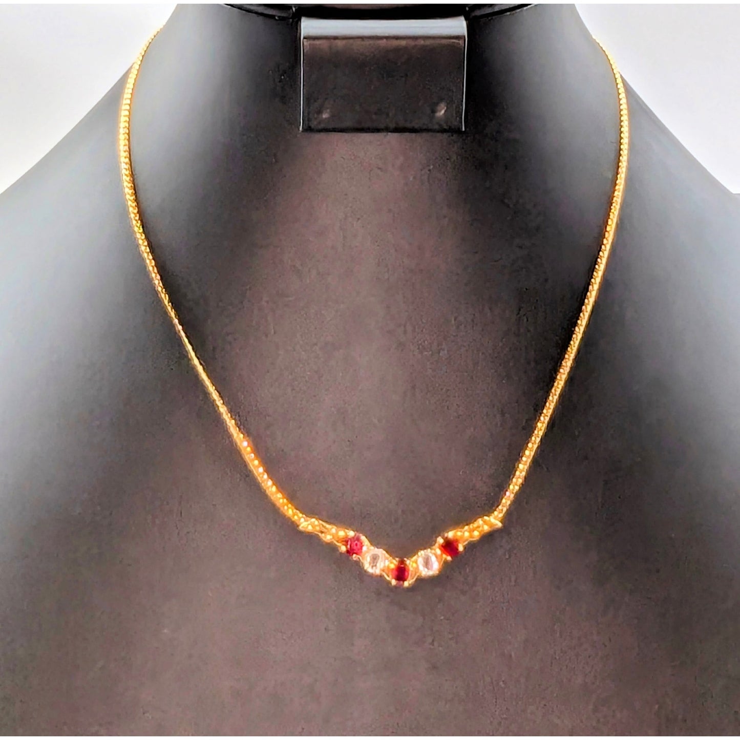 Vintage Center 'V' Red & Clear Glass Stone Gold Tone Chain 16"-18" Necklace