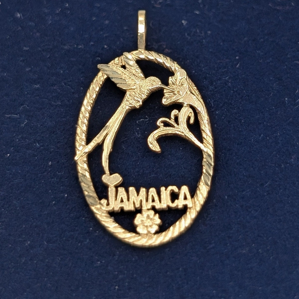 14K Yellow Gold Jamaica Hummingbird Flower Caribbean Pride Statement Pendant