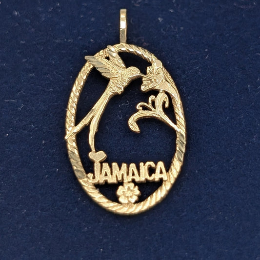 14K Yellow Gold Jamaica Hummingbird Flower Caribbean Pride Statement Pendant