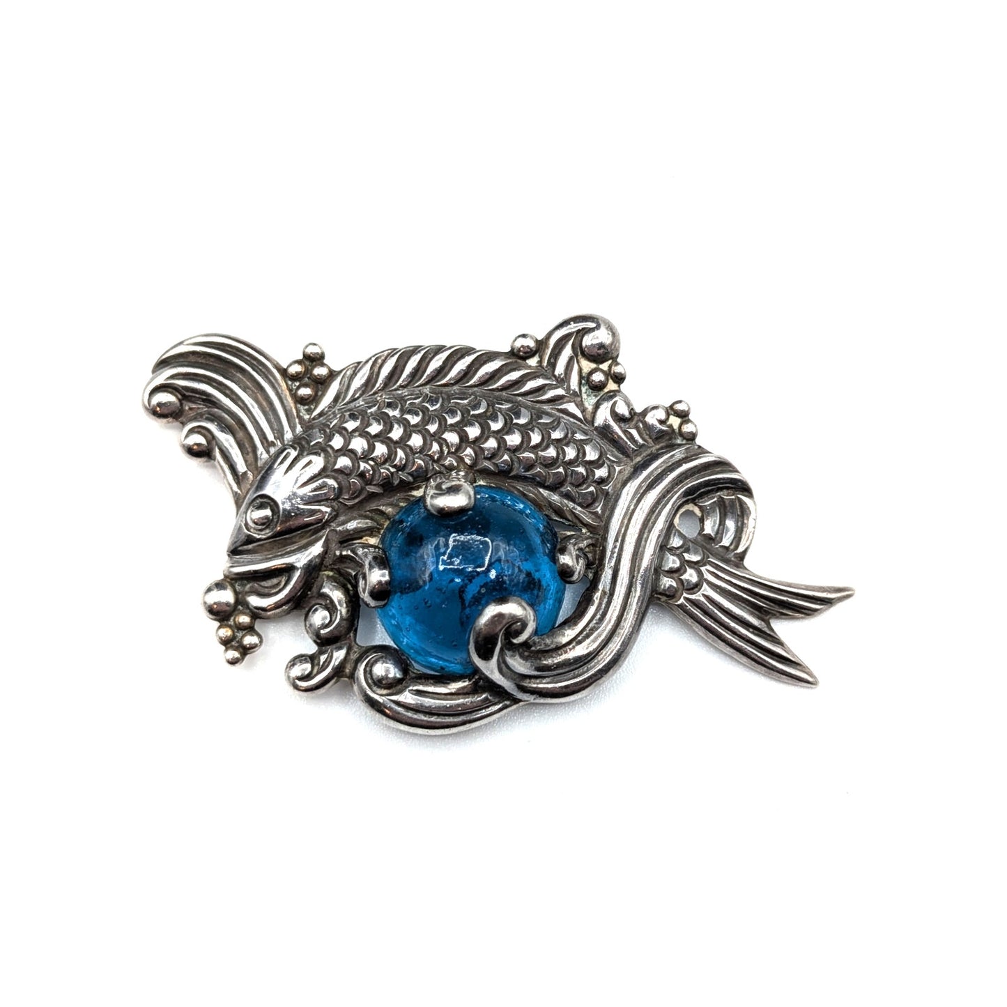Rare VTG Los Castillo Taxco Sterling Silver Blue Glass Fish in Waves Brooch