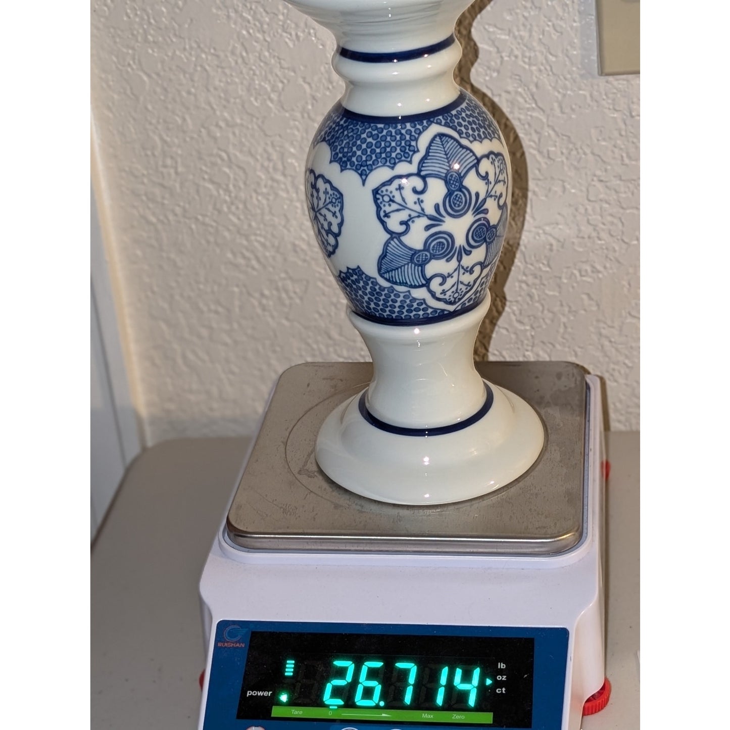 Vintage Porcelain Chinoiserie Blue & White Floral Mosaic Pillar Candle Holder