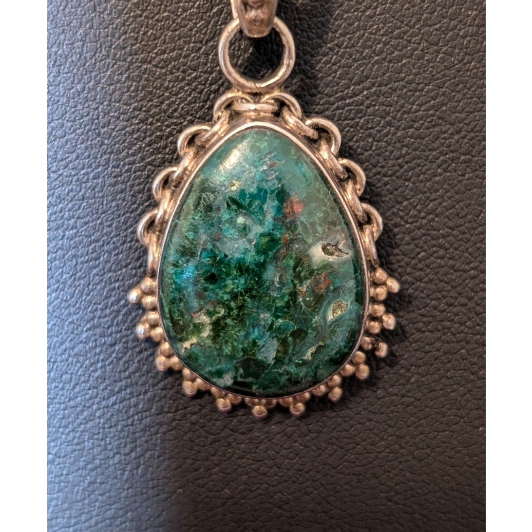 Vintage Chrysocolla 925 Sterling Silver Pendant on Bead Ball Chain Marked 925