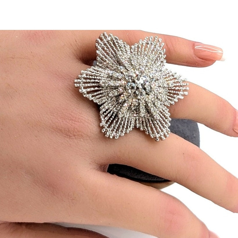 Sparkle Rhinestone Flower Silver Tone Stretch Ring & Matching Pierced Earrings