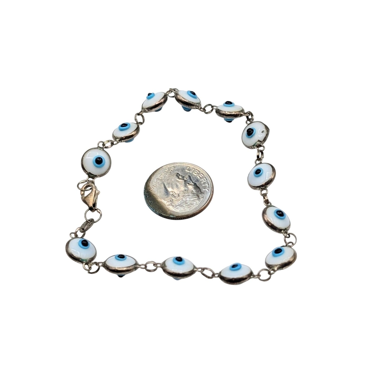 925 Sterling Silver Turkish Glass Bead Evil Eye 8" Bracelet